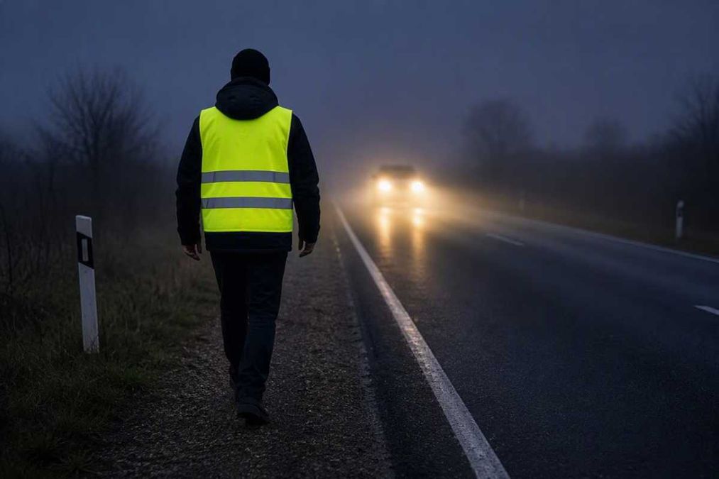 Pedone in strada con giubbotto riflettente, visibilità ridotta, sicurezza stradale